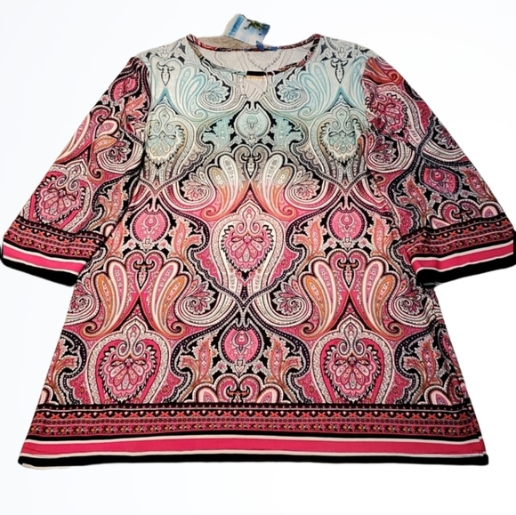 Cruise by Creation 3/4 Sleeve Blue Pink Paisley Tunic Size Small Bust 38 In NWT - Picture 1 of 5